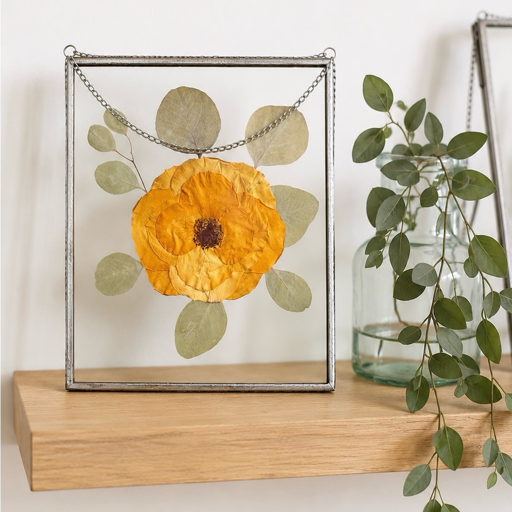 Pressed Yellow Flower Glass Hanging Art